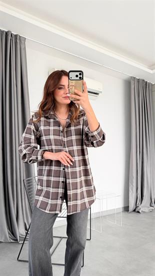 Amanda Lacivert Çizgi Detaylı Ekose Gömlek