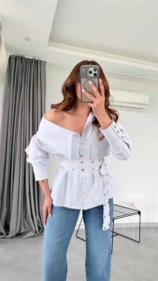 Beyaz Carla Tasarım Model Kemerli Gömlek