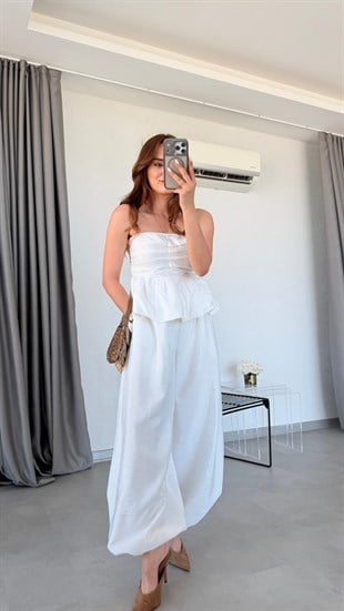 Beyaz Jasper Straplez Bluz Pantolon Takım