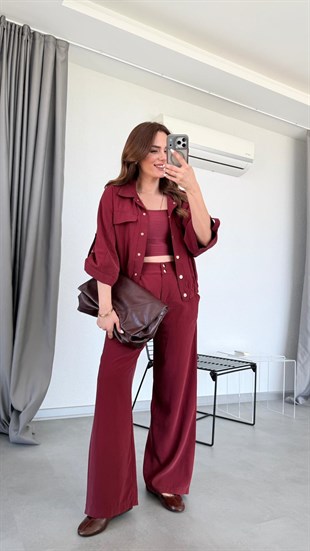 Bordo Lina Bomber Ceket Pantolon Takım