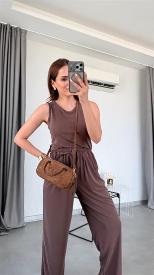 Acı Kahve Miya Sıfır Kol Bluz Pantolon Takım