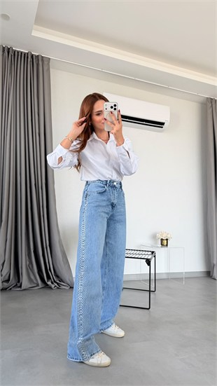 Mavi Harlow Yanları Taş Detaylı Denim Pantolon