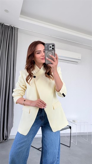 Sarı Tek Düğme Detaylı Blazer Ceket