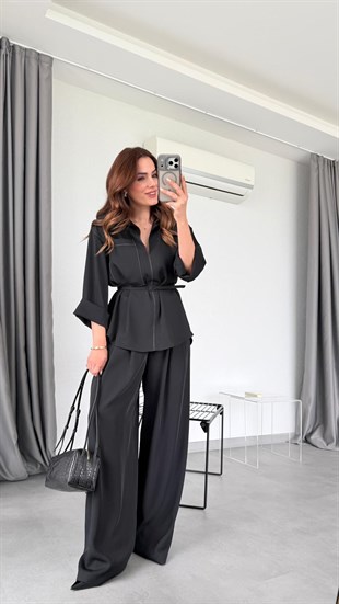 Siyah Chen Dikişli Kemer Detaylı Bluz Pantolon Takım