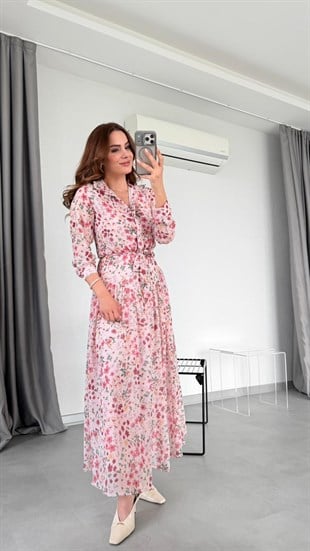 Angel Çiçek Desenli Maxi Gömlek Elbise