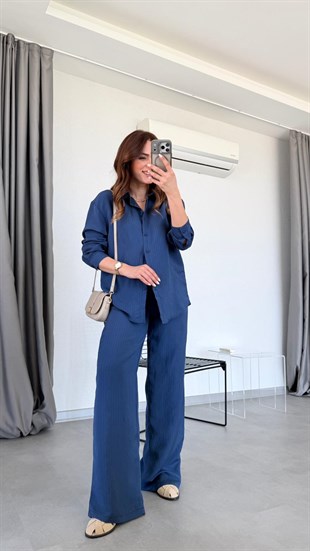 Lacivert Fayet Çizgili Gömlek Pantolon Takım