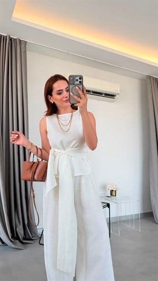 Beyaz Ciel Beli Kuşaklı Takım