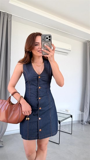 Lacivert Sofya Kolsuz V Yaka Mini Elbise