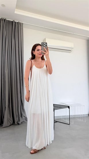 Beyaz Movina Askılı Elbise