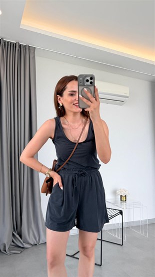 Antrasit Leila Kalın Askılı Modal Şort Takım