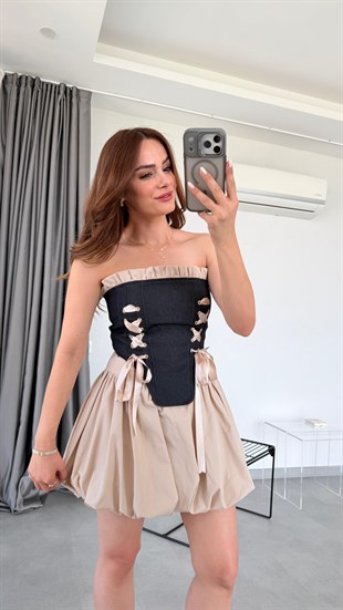 Bej Tasarım Korse Etek Takım