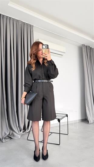 Kemerli Uzun Şort Gömlek Takım