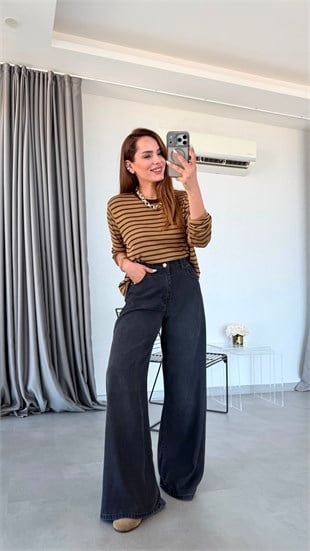 Siyah Vespera Arka Beli Lastikli Geniş Paça Jean