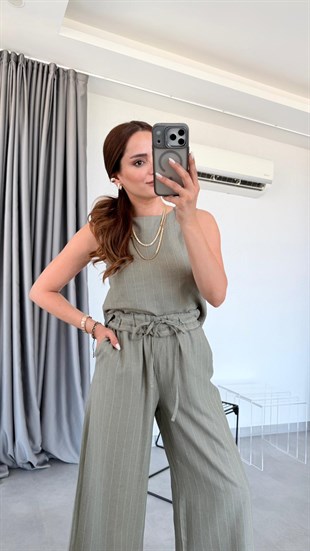 Haki Dusk Çizgili Sıfır Kol Bluz Pantolon Takım