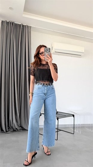 Açık Mavi Elya Kemerli Bol Paça Jean