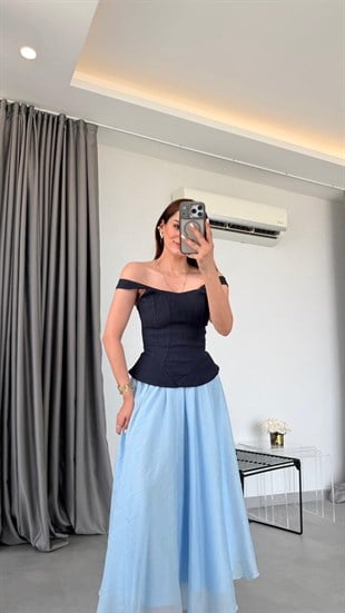 Lacivert Galanthia Kalın Askılı Denim Bluz