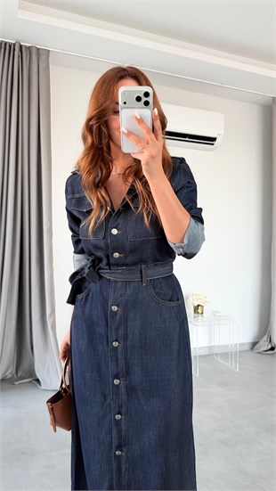 Lacivert Gloria Boydan Düğmeli Cepli Kuşaklı Denim Elbise