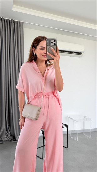 Pembe Haiti Keten Bluz Pantolon Takım