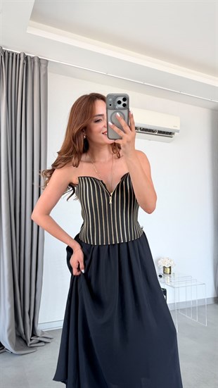 Siyah Harmony Fermuar Detaylı Straplez Bluz