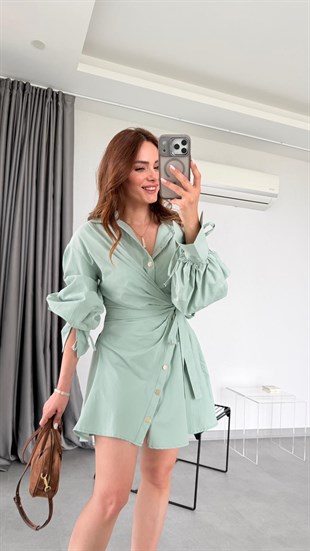 Su Yeşili Kahire Tasarım Mini Elbise