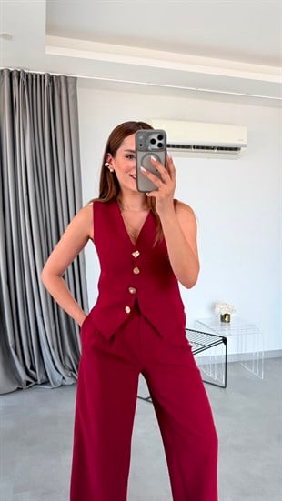 Bordo Venedik Gold Düğme Detaylı Yelek Pantolon Takım