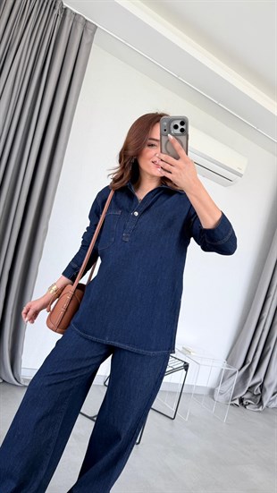 Koyu Mavi Yunara Yırtmaç Detaylı Denim Takım