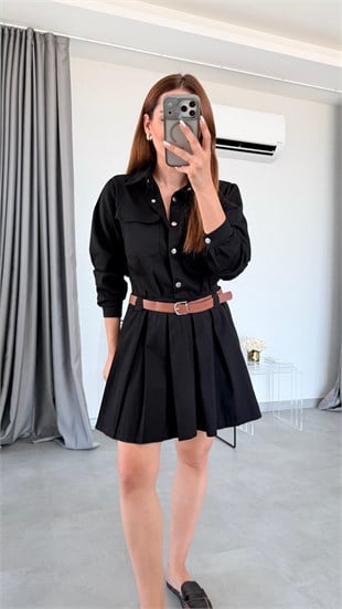 Siyah Wels Çıtçıtlı Eteği Pileli Gabardin Gömlek Elbise