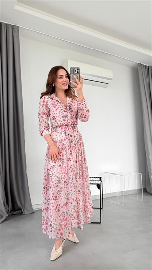 Angel Çiçek Desenli Maxi Gömlek Elbise