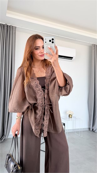 Kahve Dantel Detaylı Bağlamalı Gömlek