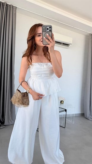 Beyaz Jasper Straplez Bluz Pantolon Takım