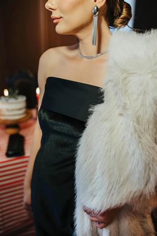 Saten Bantlı Kadife Straplez Mini Elbise