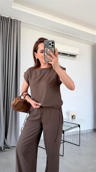 Kahve Hila Bağlama Detaylı Keten Takım