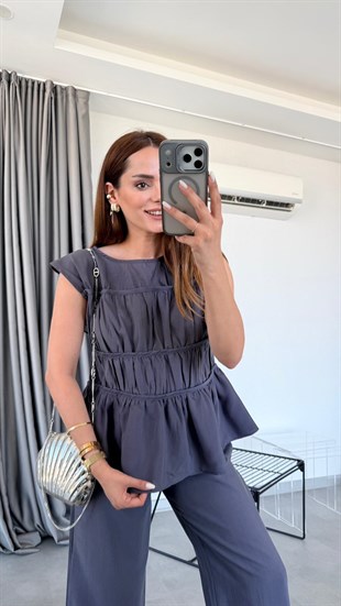 Antrasit Beatriz Nervürlü Bluz Pantolon Takım