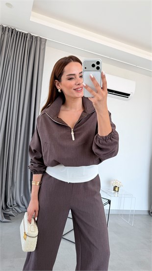Kahve Creil Dik Yaka Parça Detaylı Takım