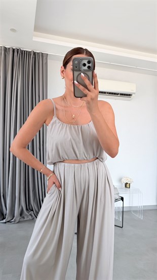 Taş Rengi Elba İp Askılı Bluz Pantolon Takım