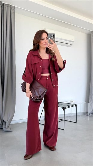 Bordo Lina Bomber Ceket Pantolon Takım