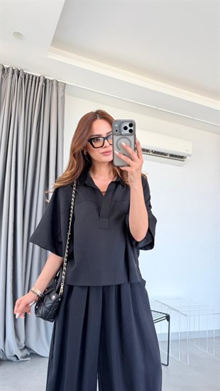 Siyah Ilara Rahat Kesim Bluz Pantolon Takım