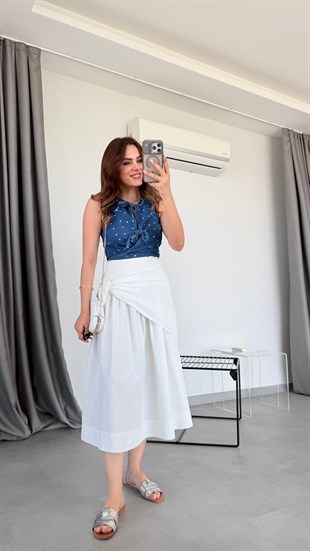 Beyaz Seul Eşarp Detaylı Etek