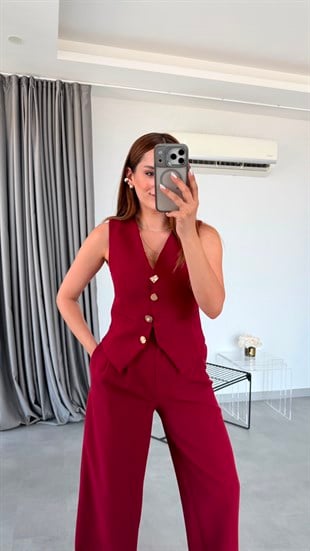 Bordo Venedik Gold Düğme Detaylı Yelek Pantolon Takım