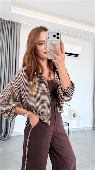 Kahve Florida Ekose Ceket Tensel Beli Lastikli Pantolon