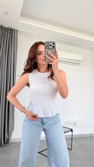 Beyaz Zen Kolsuz Crop Bluz