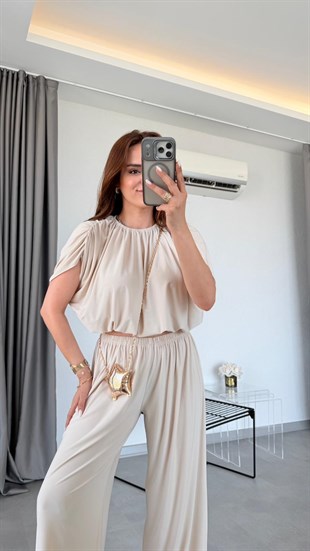 Taş Rengi Sandy Omuzu Drapeli Crop Pantolon Takım