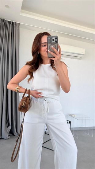 Beyaz Crop Atlet Palazzo Pantolon Takım
