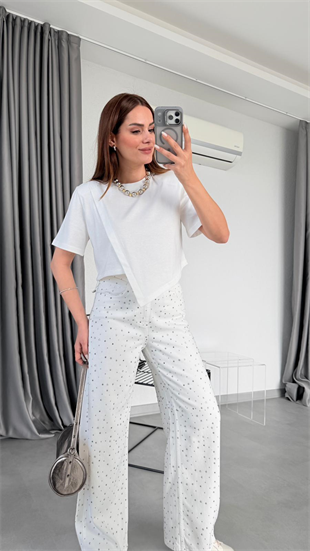 Arden Taş Detaylı Palazo Pantolon