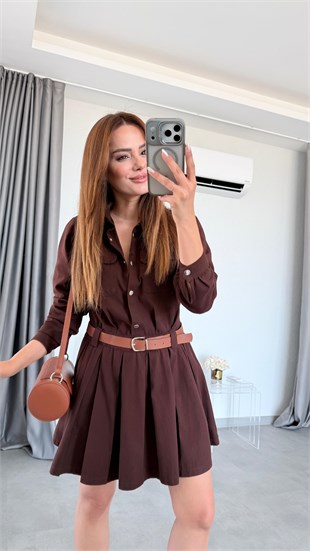 Acı Kahve Wels Çıtçıtlı Eteği Pileli Gabardin Gömlek Elbise