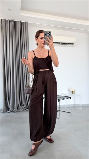 Kahve Elba İp Askılı Bluz Pantolon Takım