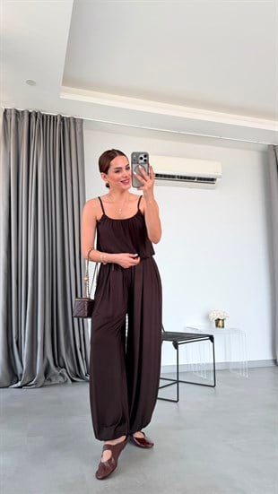 Kahve Elba İp Askılı Bluz Pantolon Takım