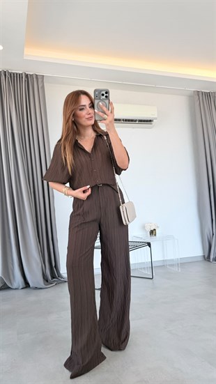 Kahve Palermo Çizgi Desenli Gömlek Pantolon Takım