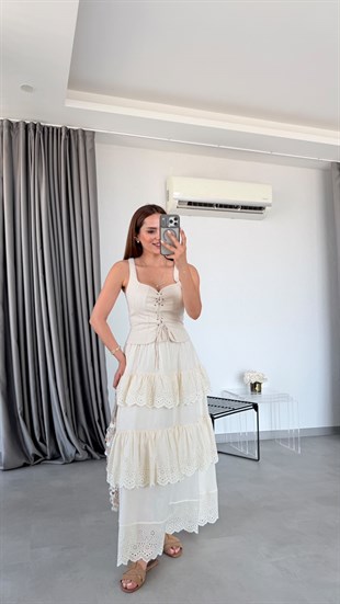 Taş Rengi Whisper Dantel Detaylı Katlı Etek