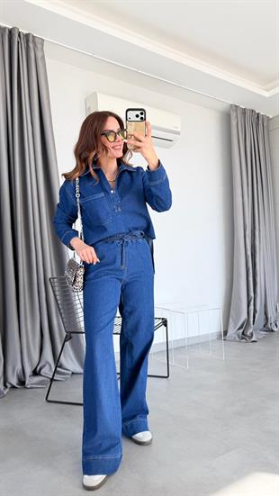 Yırtmaç Detaylı Denim Takım